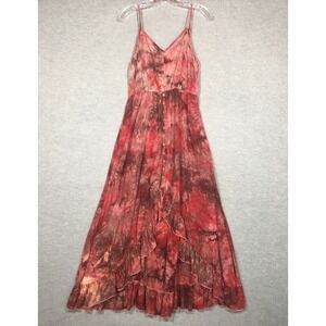 Earthbound L Red Tie Dye Dress Adjustable Straps Ruffled Hi-Low Hem Boho Hippie